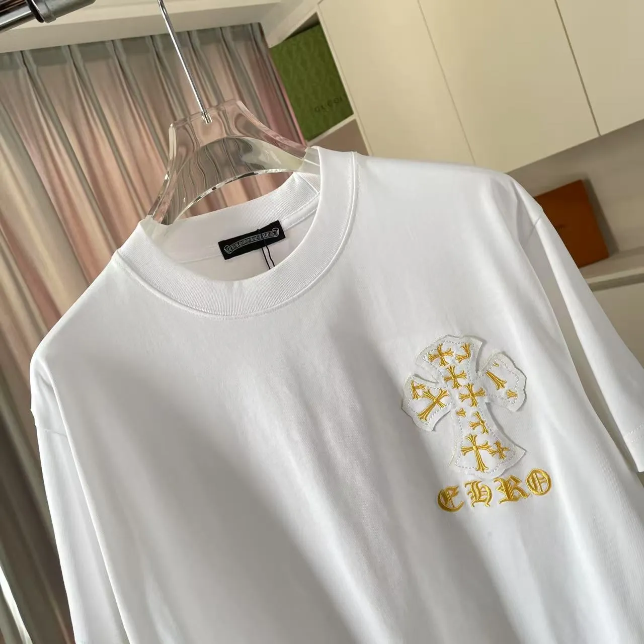 🅿️200 ch Cro* 2025 spring and summer new style Sanskrit horseshoe cross laser patch embroidery short-sleeved t-shirt custom fabric 300g same style for men and women Size: S M L XL XXL Five codes Color: black white